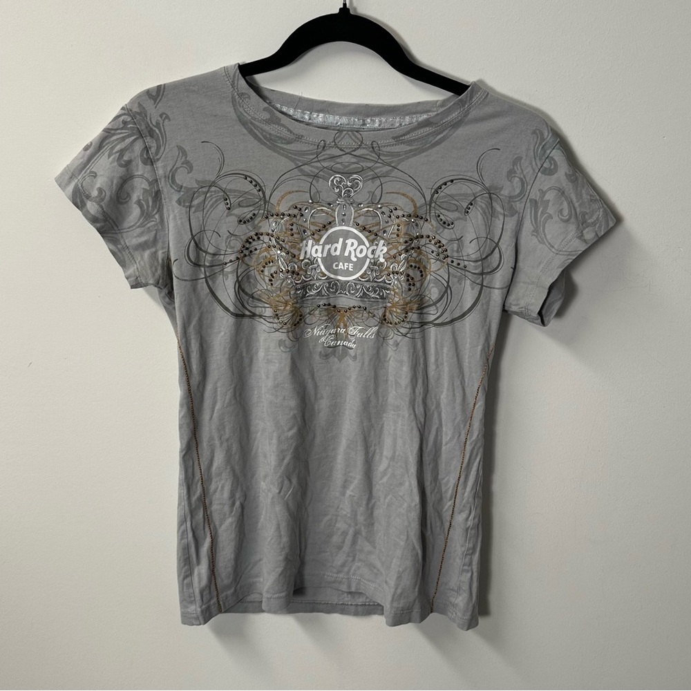 Y2K HARD ROCK women's grey metallic affliction style graphic tee, S.